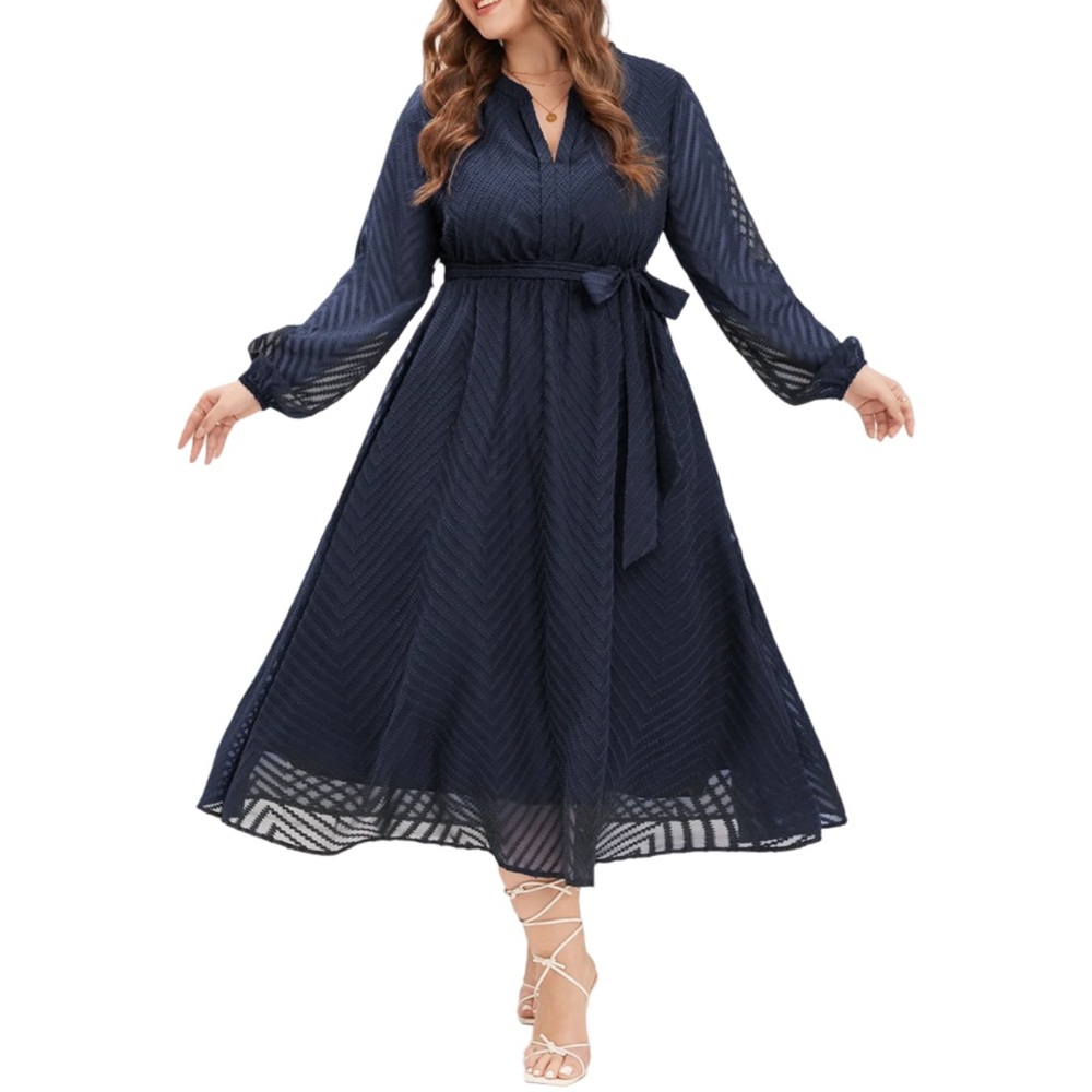 BloomChic Solid Geometric Pocket Mesh Lantern Sleeve Belted Dress